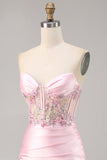 Sparkly Candy Pink Satin Floral Sequins Corset Short Prom Dress