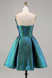 Sparkly Peacock Green Metallic Strapless A Line Short Prom Dress