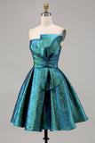 Sparkly Peacock Green Metallic Strapless A Line Short Prom Dress