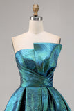 Sparkly Peacock Green Metallic Strapless A Line Short Prom Dress