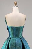 Sparkly Peacock Green Metallic Strapless A Line Short Prom Dress