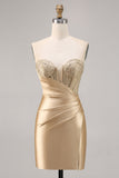 Golden Satin Strapless Corset Ruched Tight Short Prom Dress