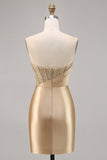 Golden Satin Strapless Corset Ruched Tight Short Prom Dress