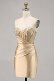 Golden Satin Strapless Corset Ruched Tight Short Prom Dress