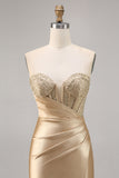 Golden Satin Strapless Corset Ruched Tight Short Prom Dress