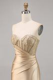 Golden Satin Strapless Corset Ruched Tight Short Prom Dress