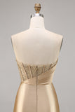 Golden Satin Strapless Corset Ruched Tight Short Prom Dress