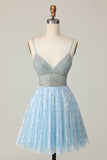 Sparkly Light Blue Sequin A Line Short Prom Dress with Beading