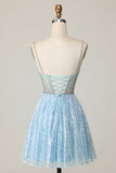 Sparkly Light Blue Sequin A Line Short Prom Dress with Beading