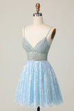 Sparkly Light Blue Sequin A Line Short Prom Dress with Beading