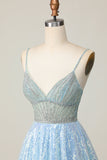 Sparkly Light Blue Sequin A Line Short Prom Dress with Beading