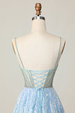 Sparkly Light Blue Sequin A Line Short Prom Dress with Beading