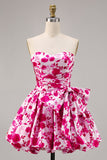 Fuchsia Sweetheart A Line Short Floral Prom Dress with Bow