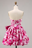 Fuchsia Sweetheart A Line Short Floral Prom Dress with Bow