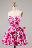 Fuchsia Sweetheart A Line Short Floral Prom Dress with Bow