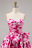 Fuchsia Sweetheart A Line Short Floral Prom Dress with Bow
