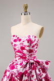 Fuchsia Sweetheart A Line Short Floral Prom Dress with Bow