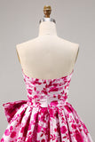 Fuchsia Sweetheart A Line Short Floral Prom Dress with Bow