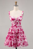 Corset A Line Fuchsia Short Floral Prom Dress