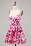 Corset A Line Fuchsia Short Floral Prom Dress