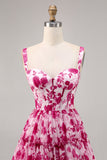 Corset A Line Fuchsia Short Floral Prom Dress