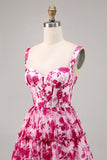 Corset A Line Fuchsia Short Floral Prom Dress