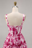 Corset A Line Fuchsia Short Floral Prom Dress