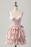 Floral Pink A Line V Neck Tiered Short Corset Prom Dress with Bow
