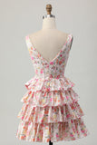 Floral Pink A Line V Neck Tiered Short Corset Prom Dress with Bow