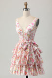 Floral Pink A Line V Neck Tiered Short Corset Prom Dress with Bow