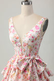 Floral Pink A Line V Neck Tiered Short Corset Prom Dress with Bow