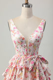 Floral Pink A Line V Neck Tiered Short Corset Prom Dress with Bow