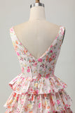 Floral Pink A Line V Neck Tiered Short Corset Prom Dress with Bow