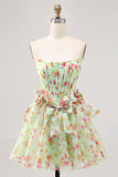 Green Floral Strapless A Line Short Corset Prom Dress with Bows