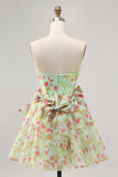 Green Floral Strapless A Line Short Corset Prom Dress with Bows