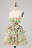 Green Floral Strapless A Line Short Corset Prom Dress with Bows