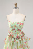 Green Floral Strapless A Line Short Corset Prom Dress with Bows