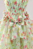 Green Floral Strapless A Line Short Corset Prom Dress with Bows