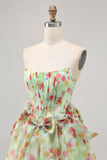 Green Floral Strapless A Line Short Corset Prom Dress with Bows