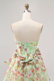Green Floral Strapless A Line Short Corset Prom Dress with Bows