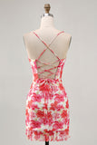 Red Floral Tight Short Lace up Back Prom Dress with Ruffles