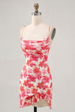 Red Floral Tight Short Lace up Back Prom Dress with Ruffles
