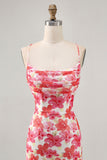 Red Floral Tight Short Lace up Back Prom Dress with Ruffles
