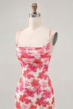 Red Floral Tight Short Lace up Back Prom Dress with Ruffles
