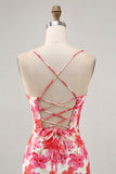 Red Floral Tight Short Lace up Back Prom Dress with Ruffles