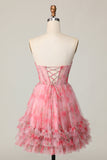 Red Floral Corset Sweetheart Short A Line Prom Dress with Ruffles