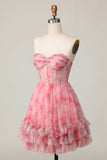 Red Floral Corset Sweetheart Short A Line Prom Dress with Ruffles