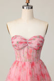 Red Floral Corset Sweetheart Short A Line Prom Dress with Ruffles