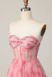 Red Floral Corset Sweetheart Short A Line Prom Dress with Ruffles