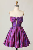 Dark Purple Corset Strapless Keyhole Metallic Short Prom Dress with Bow
